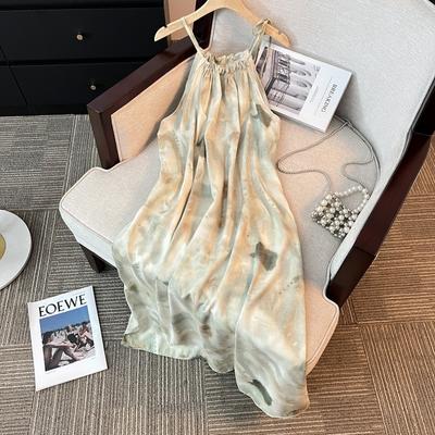 Smudging Print Halter Dress Women's Summer Seaside Romantic Vacation Style Dress