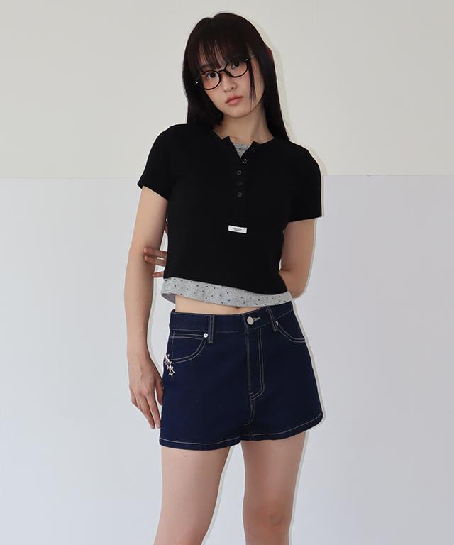 RONRON Button Layered Crop Half T Shirt Black Star