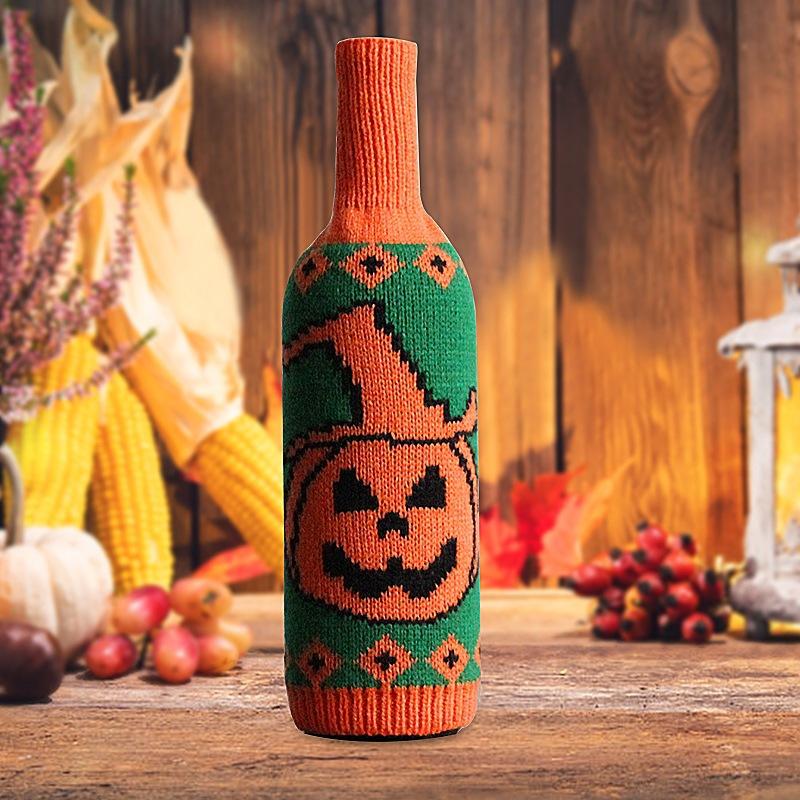 Halloween Bottle Set, Skull, Pumpkin, Knit, Champagne, Red Wine Bottle Bag, Table Decorations