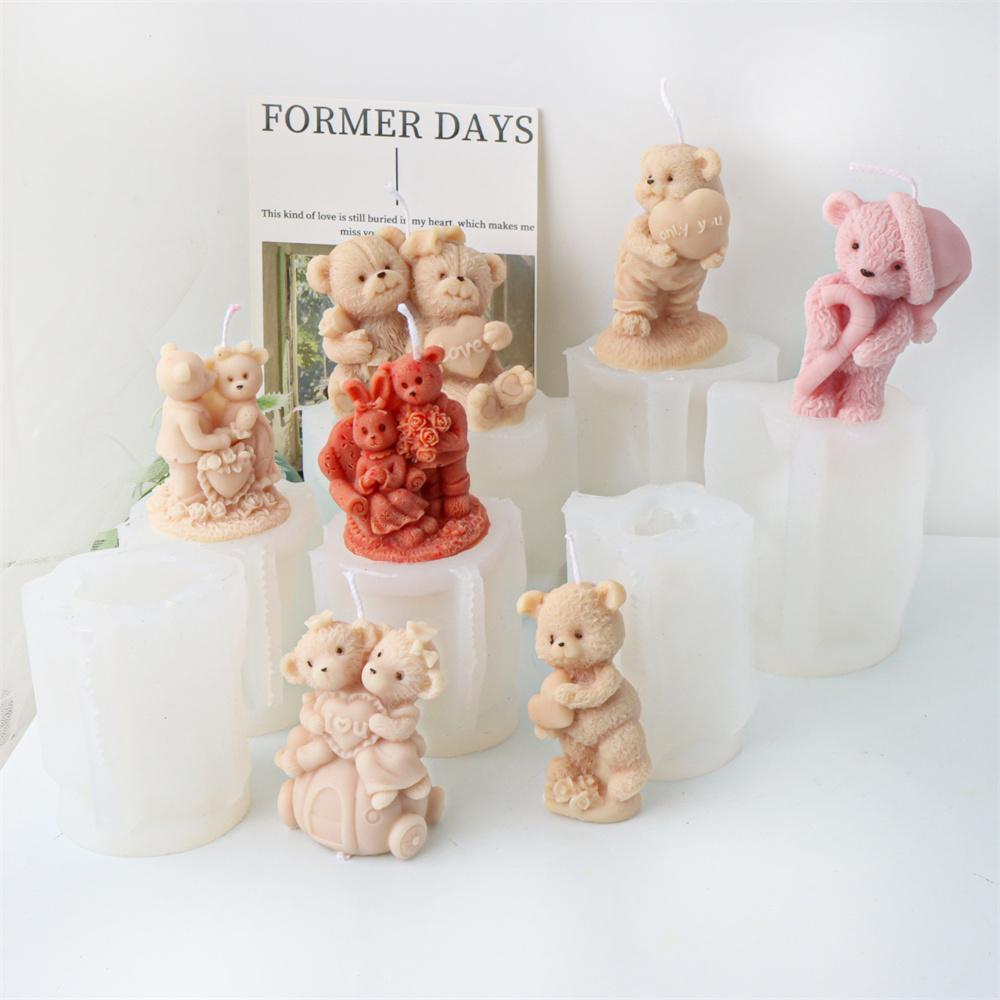 Silikonowa forma do świec w kształcie misia ślubnego 3D, forma do mydła, żywicy, gipsu, niedźwiedź przytulający, zwierzęta, rękodzieło, prezenty, dekoracje na rocznicę ślubu