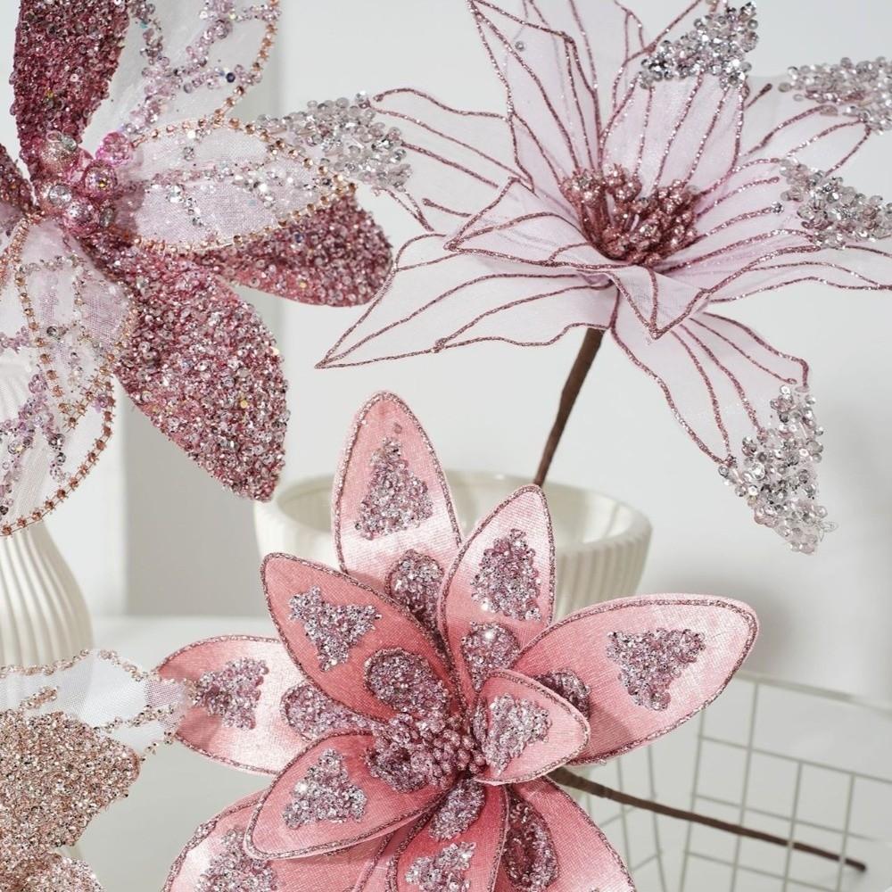 New Large Artificial Poinsettia Flower Glitter Sequins Christmas Glitter Flower Sparkling Simulation Flowers New Year Festival