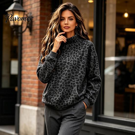Warm Fall Clothing Women Leopard Print Sweatshirt, Mock Neck Long Sleeve Pullover with Sweatshirt Kangaroo Pocket, Drop Shoulder Casual Top for Winter