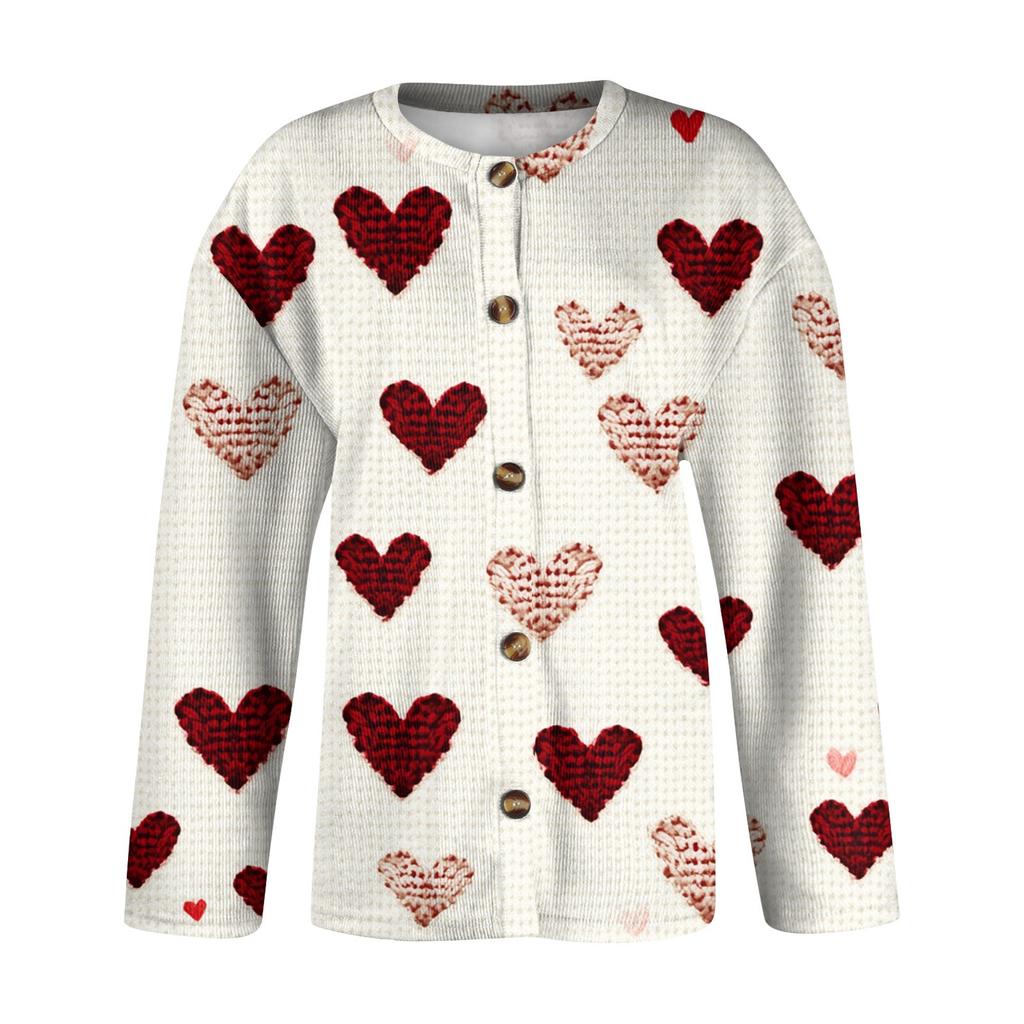 Kvinners Valentine's Day Print Langermet strikket Cardigan Button Jacket