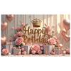 Rose Birthday Banner Gold Crown Celebration Backdrop Princess Birthday Background Golden Lettering Birthday Celebration Display