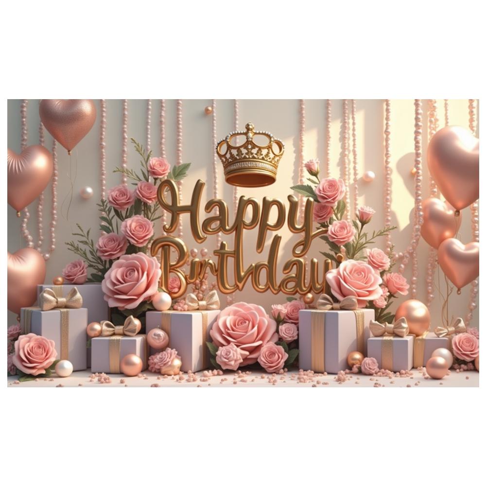 Rose Birthday Banner Gold Crown Celebration Backdrop Princess Birthday Background Golden Lettering Birthday Celebration Display