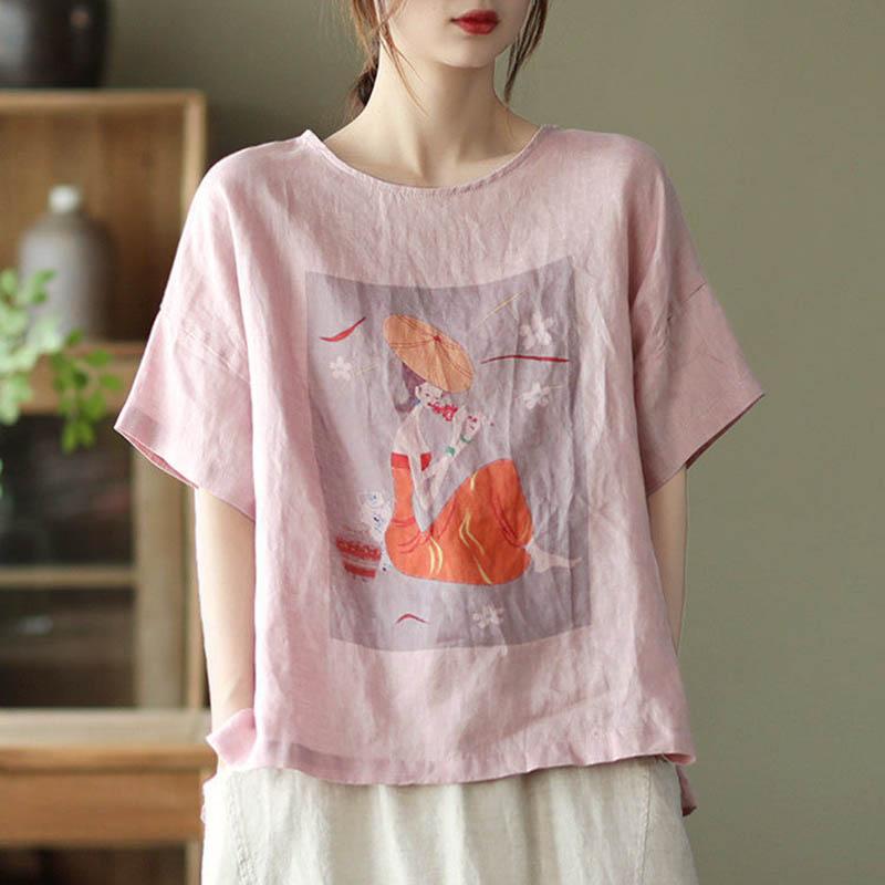 Cotton T-shirt Women Summer Soft Loose Shirt Casual Round Neck Pullover Short-sleeved Top