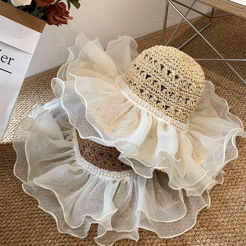 Organza Pearl Straw Hat, Female 2025 Summer New Large Brim Sunshade Sun Hat, Seaside Beach Sun Hat