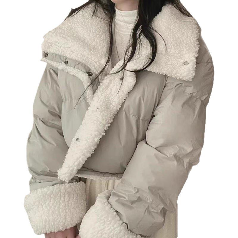 Women's Double-Sided Lambswool Cotton Puffer Jacket - Short Lapel, Loose Fit, Korean Style, Long Sleeve Winter Coat