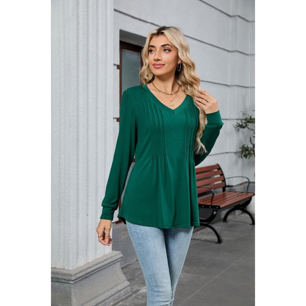 Fall Winter New Solid Color V-neck Striped Loose Long Sleeve T-shirt Top For Women, Amazon Cross-border European American Women's Clothing