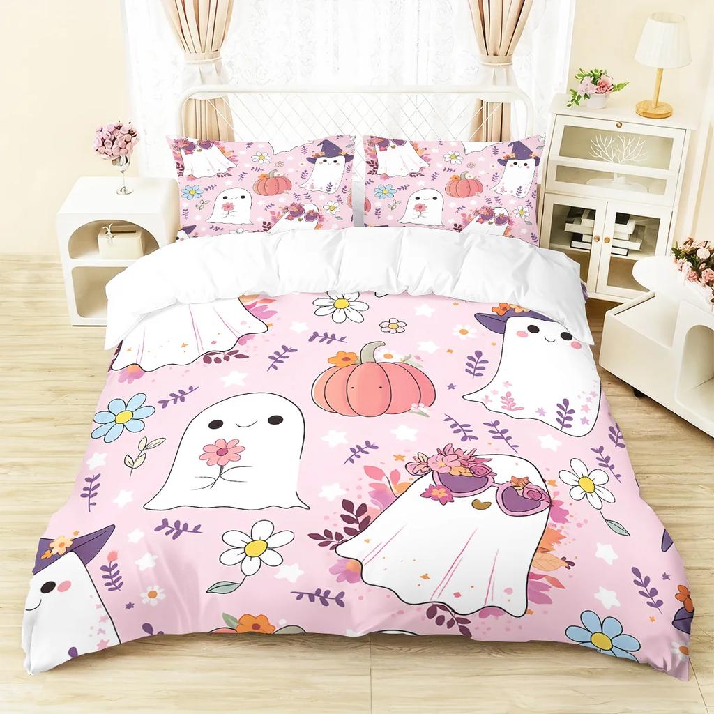 3pcs Halloween pink ghost pattern duvet cover set, 1 duvet cover+2 pillowcases, no core. Soft and comfortable bedding set