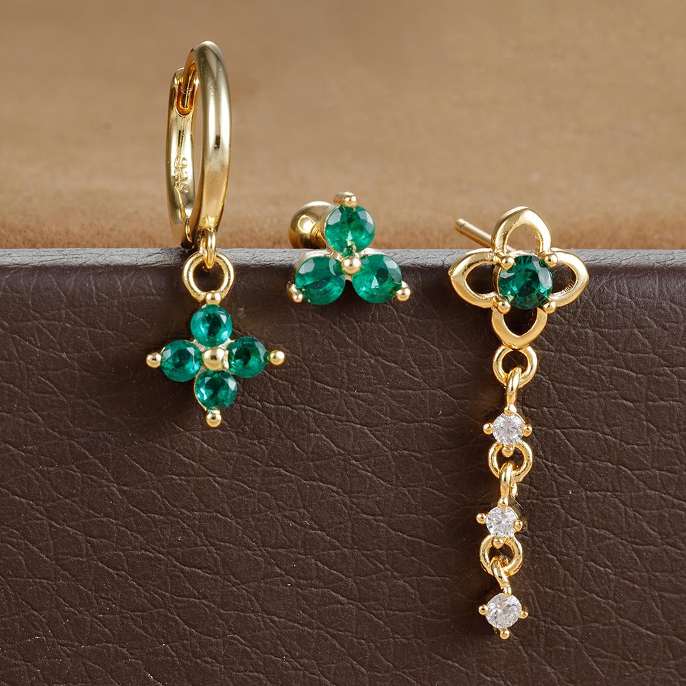 3PCS New Green Zircon Flower Hoop Earrings Set for Women Luxury Stainless Steel Piercing Earring Female Fashion Jewelry Gift BFF