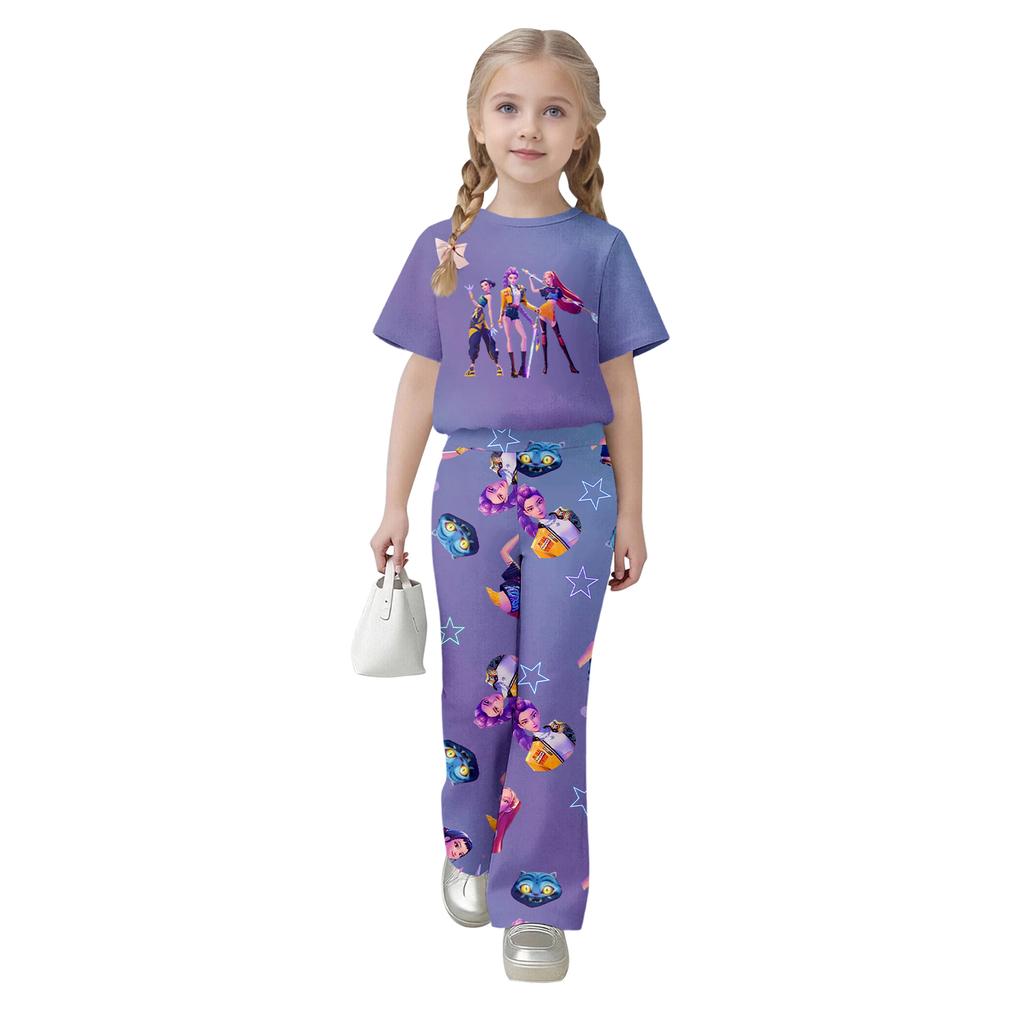 Children's Summer Sports T-Shirt And Bell-Bottom Pants Two-Piece Athletic Set Short Printed Clothing Set