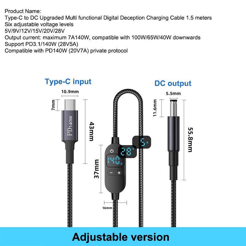 

Кабель-підсилювач живлення USB-C до DC, роз єм-адаптер з регульованою напругою, шнур для ноутбука, роутера, PD140W /5V/9V/12V/15V/20V/28V A1