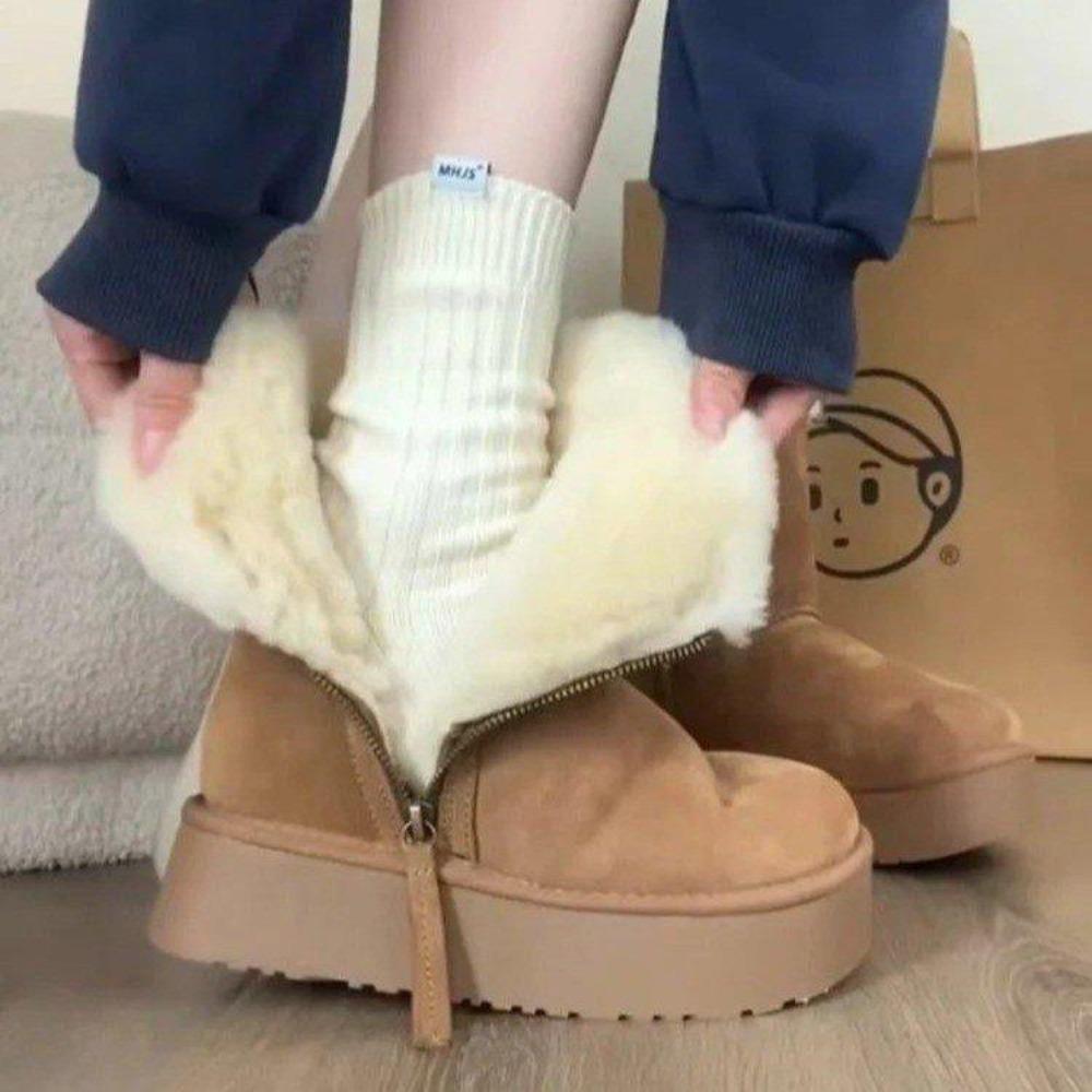 Velvet and Thick Cotton Boots  Warm Fur Integrated Short Tube Thick Bottom Snow Boots for Women with Side Zipper