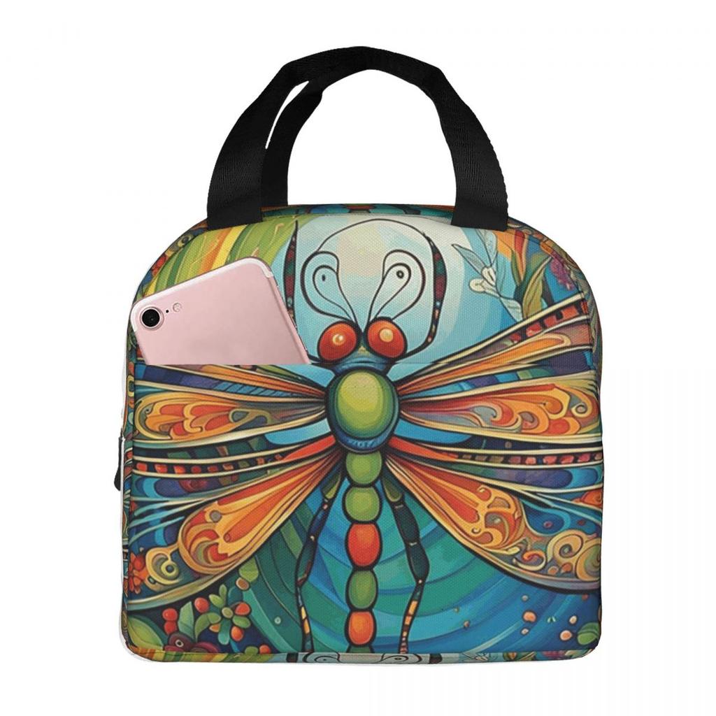 Colorful Dragonfly With Flower Insulated Lunch Bag for Women Kids Leakproof Food Boxes Thermal Lunch Box Tote