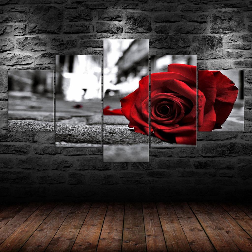 Romantic Red Rose Flower 5 Piece Five Panel Wall Canvas Print Modern Art Poster Picture Home Decor Gift For Him For Her