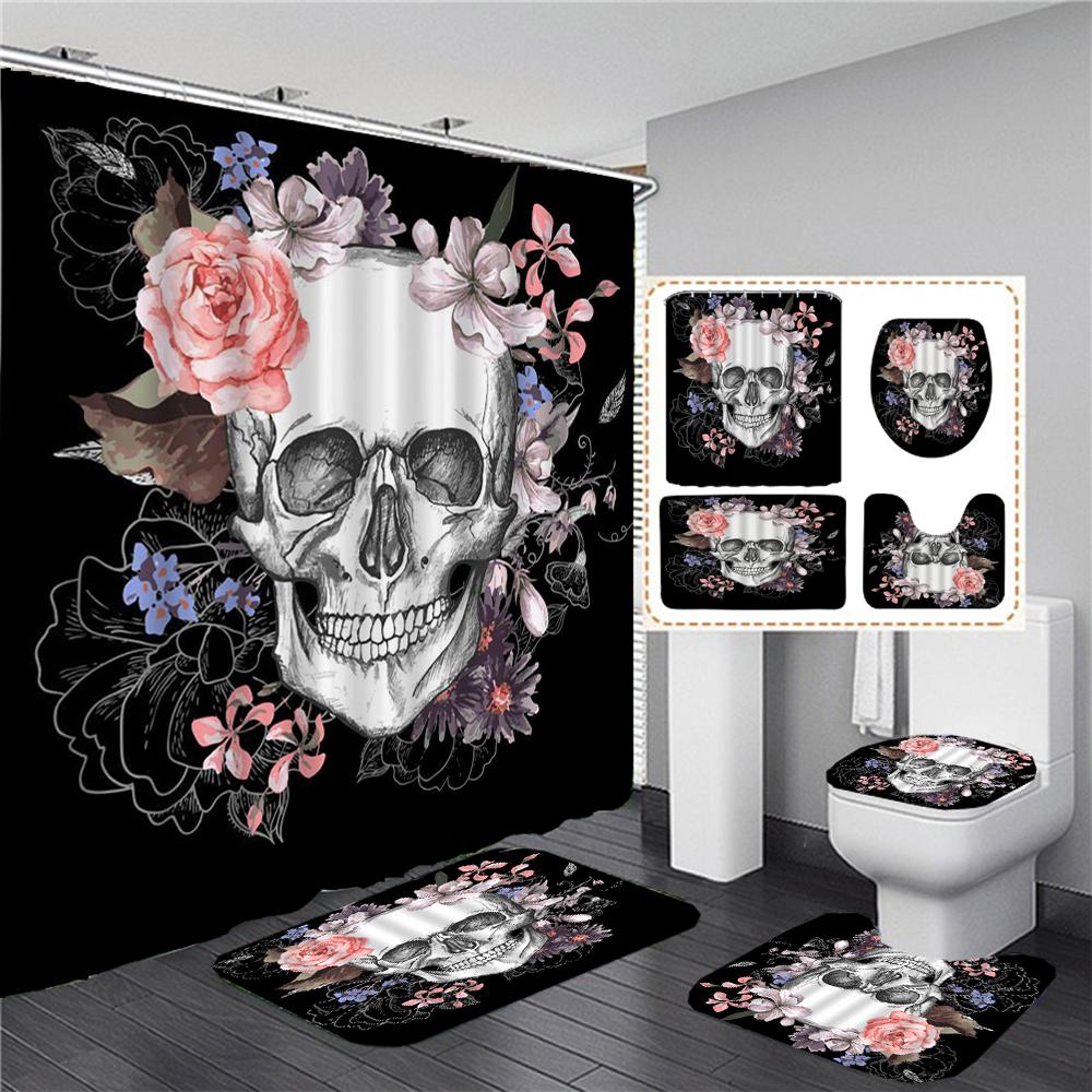 Black Skull Skeleton Printed Shower Curtain Set Horrible Halloween Festival Bathroom Decor Pedestal Rug Lid Carpet Toilet Cover