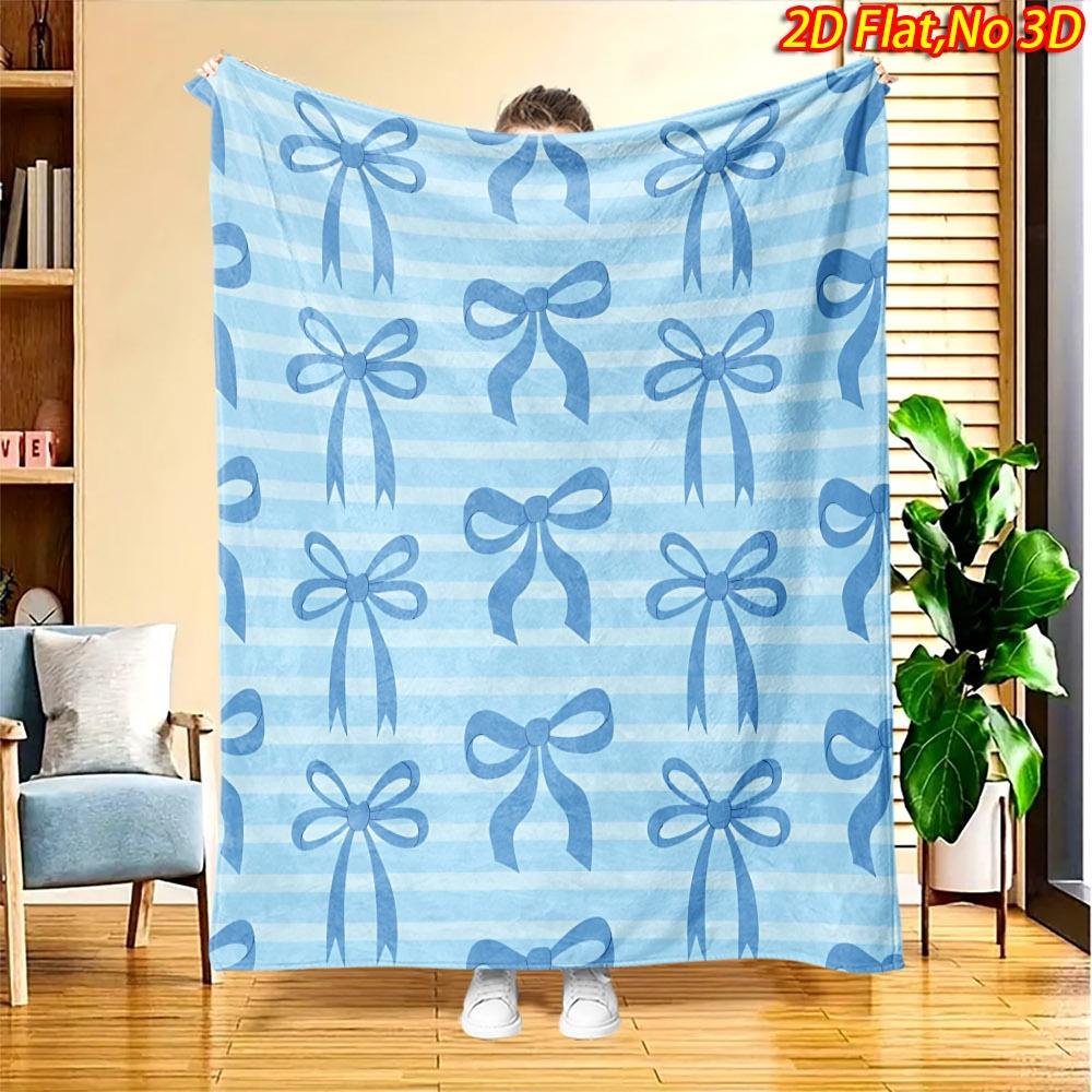Trendy Light Blue Stripes Dark Bow Ribbon Pattern Decorative Throw Blanket For Sweet Coffee Shop Lounge Home Decor