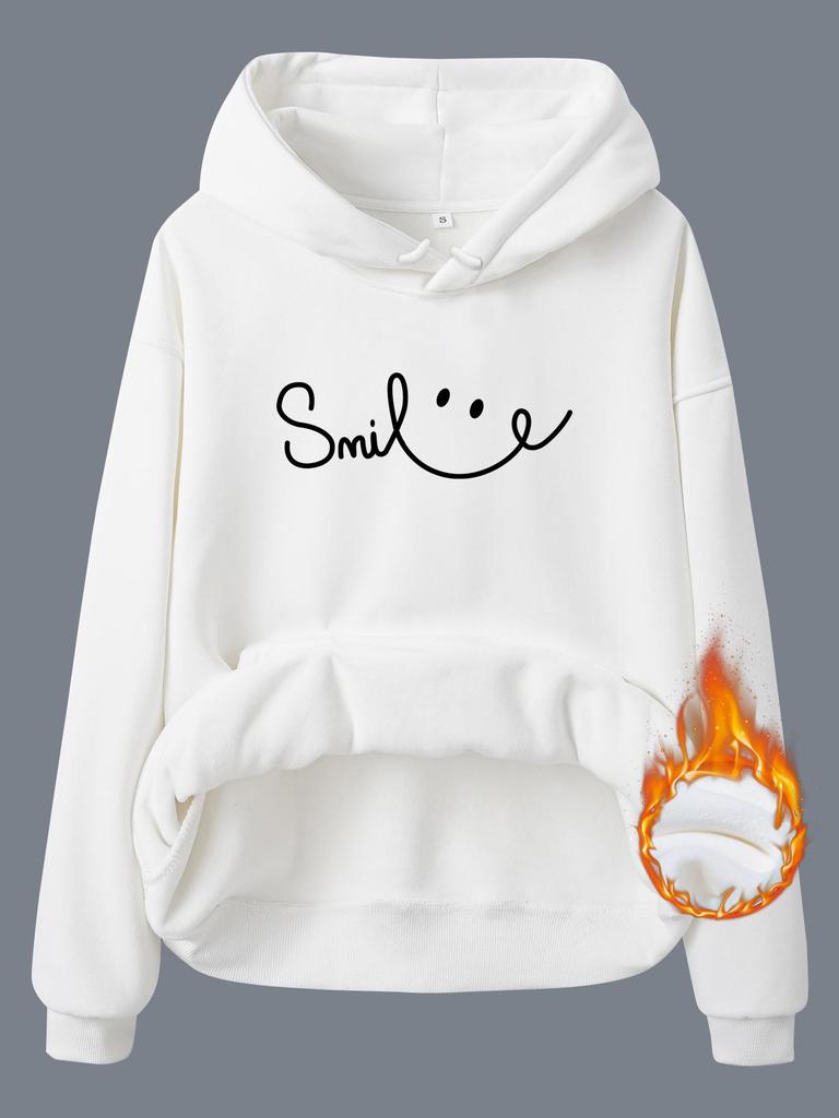 European Size Women's Fleece-Lined Hooded Sweatshirt with Smiling Print - Long Sleeve Kangaroo Pocket (Autumn/Winter)