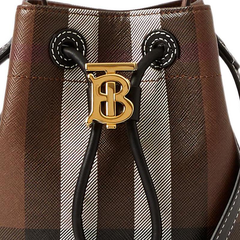 Burberry TB Exclusive Logo Lock Series Drawstring Closure Checkered Cotton And Leather Bucket Bag Mini Women bags Deep-Walnut-Brown 80662131
