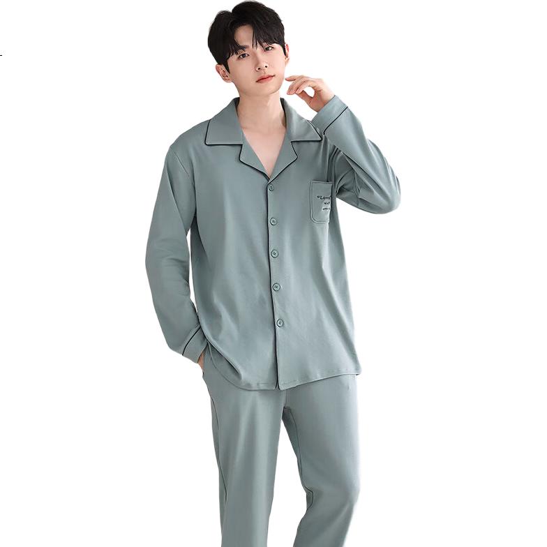 JOAE 100% Cotton Men's Pajama Set Long Sleeve Cardigan and Pants Autumn Loungewear L