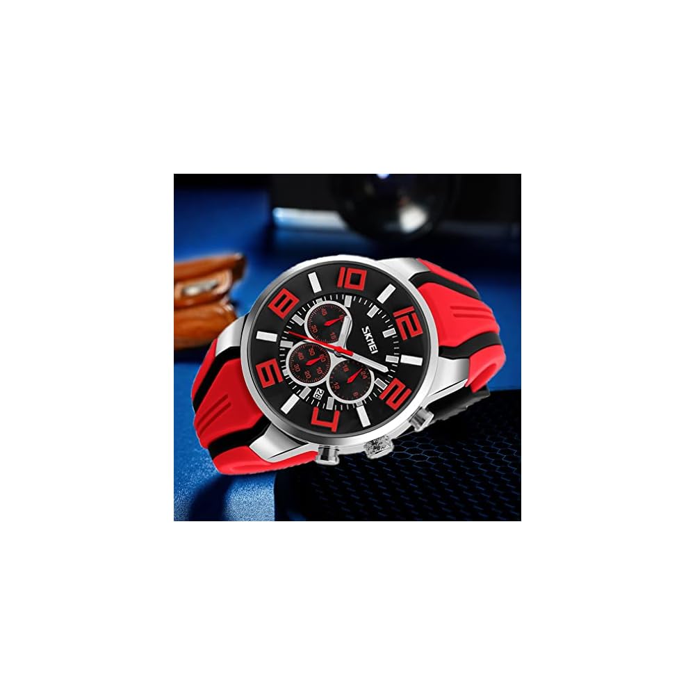 Men's Big Face Silicone Sports Watch Waterproof Chronograph Analog Date Red
