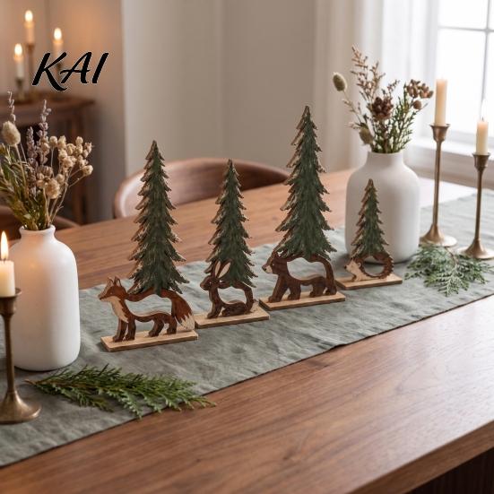 Elegant Handcrafted Wood Art 4Pcs Wooden Animal and Pine Ornaments, Fox Rabbit Bear Hedgehog Christmas Ornaments Figurine, Rustic Woodland Themed