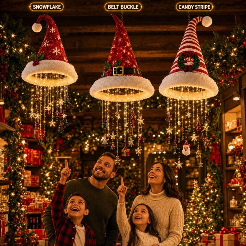 Lighted Santa Hat Hanging Chandelier 3 Styles Warm LED Christmas Light Sequined Cone Hanging Decor with Chime Star Tassel Set Indoor Outdoor Porch