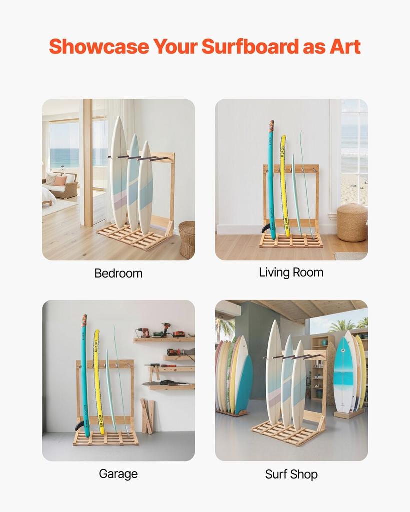 Supporto Verticale per Tavola da Surf, Rastrelliera in Legno a 4 Livelli per Tavole da Surf per Stoccaggio ed Esposizione, Organizzatore Autoportante per Tavole, Supporto per Tavola da Surf per Wakeboard,