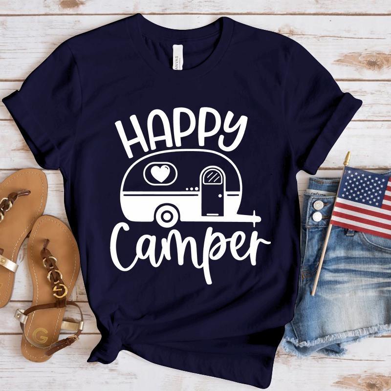 

2026 Summer New Happy Camping Print Womens TShirt for Outdoor Camping Fashionable and Comfortable Shirt S