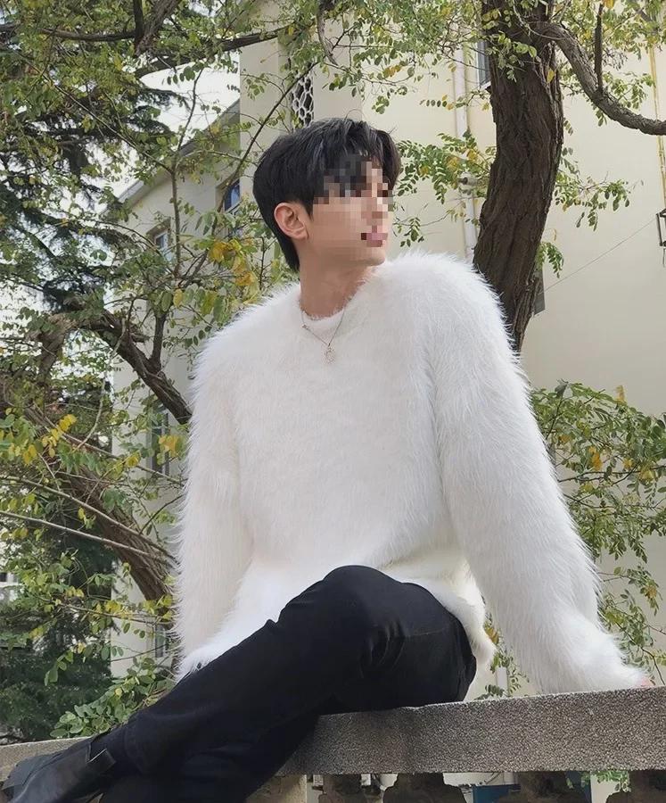 

Мужской свободный свитер из белого бархата норки осень/зима — стильный, мягкий и простой M 160-170cm/52kg белый