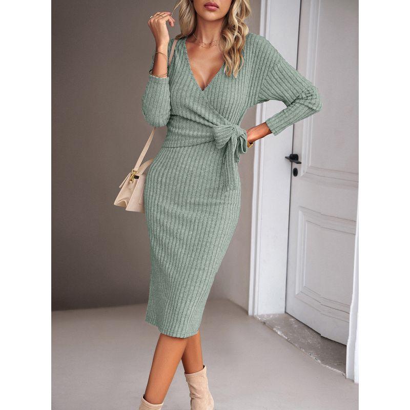

Зарубежная мода Осень V-образный вырез Мода Слим Вязание На шнуровке Разрез Миди Длина Длинная Длина Длинные Рукава Платье Юбка на запах для Женщин Light green S