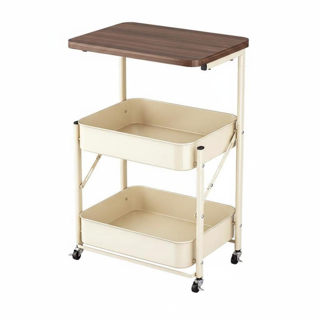 Mobile End Table with Storage Baskets 360-Degree Rotating Wheels Foldable