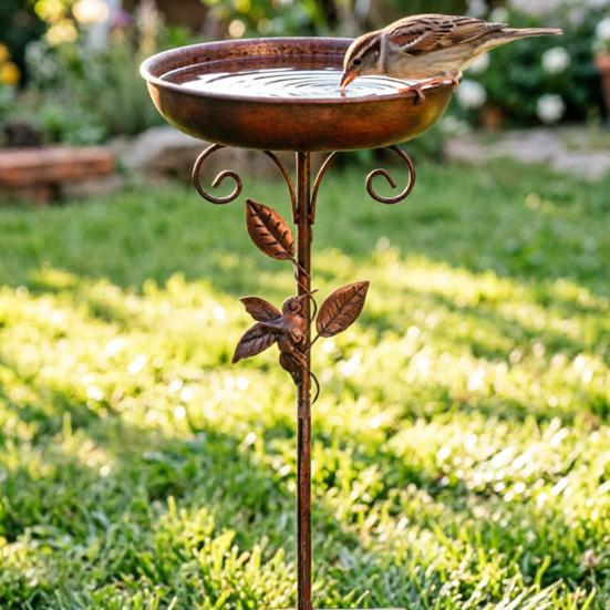 Außen Eisen Vogeltränke Retro Garten Vogelhäuschen mit abnehmbarer Schale 5-Zinken-Erdspieß Wildvogel Futterspender Vogelbad für Hinterhof Terrasse
