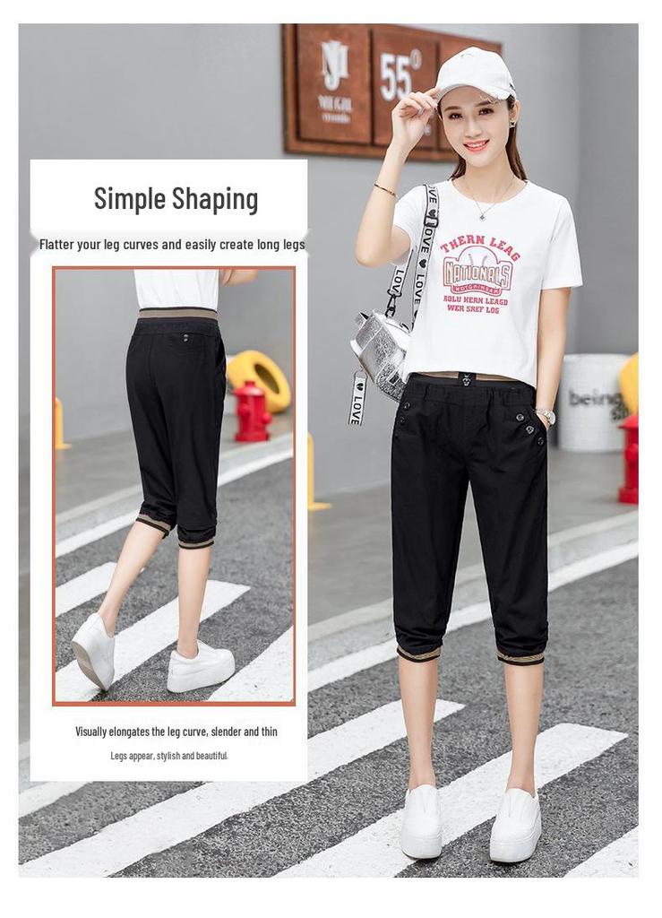 Women's Summer 2026 Korean Harem Cropped Pants - Elastic Waist, Slimming, Casual Mid-Length Pants