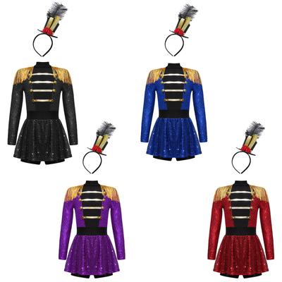 Girls Ringmaster Circus Costume Set Long Sleeve Mock Neck Tassel Shoulder Back Zipper Sequin Bodysuit with Hat