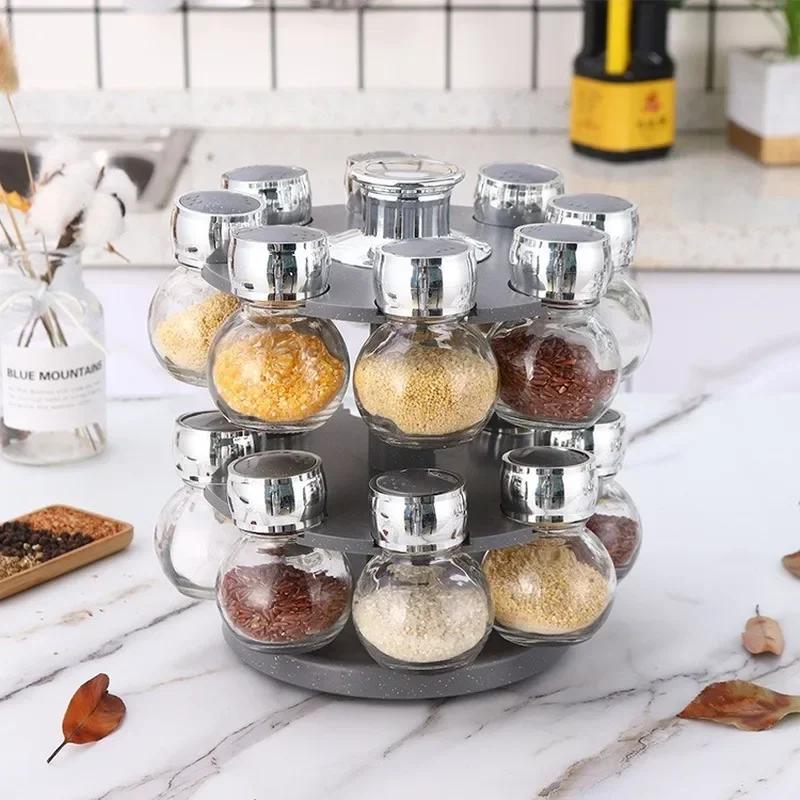 Rotating12Pcs Condiment Set Spice Jar StorageBox HomeKitchen Cruet Condiment Bottle Coffee Sugar Seal Jar Container Rack