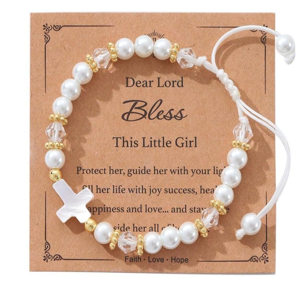 Adjustable Pearl Beaded Bracelets Birthday Gifts Handmade Cross Stone Bracelet with Bless Card Christian Bracelet For Kids