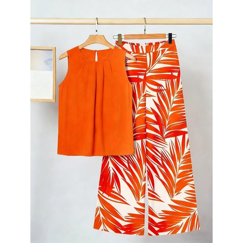 Plus Size Women's Summer Sleeveless Asymmetric Tank Top and Printed Pants Two Piece Set
