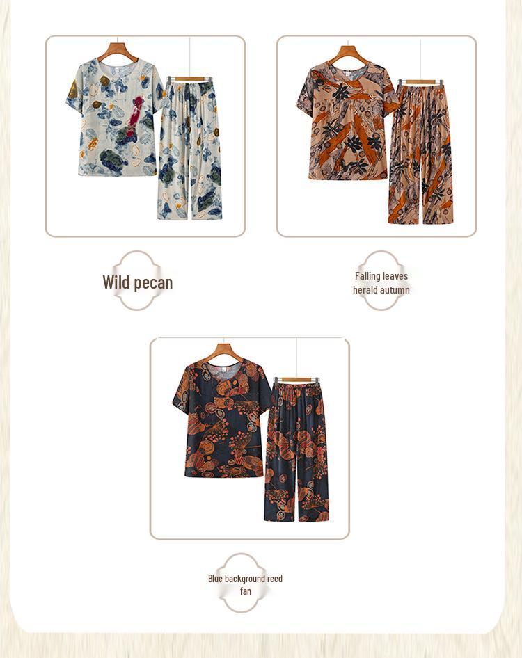 Women's Summer Short-Sleeve Two-Piece Set - Lightweight Nine-Point Pants, Perfect for Casual Home Wear, Ideal for Middle-Aged and Elderly Moms