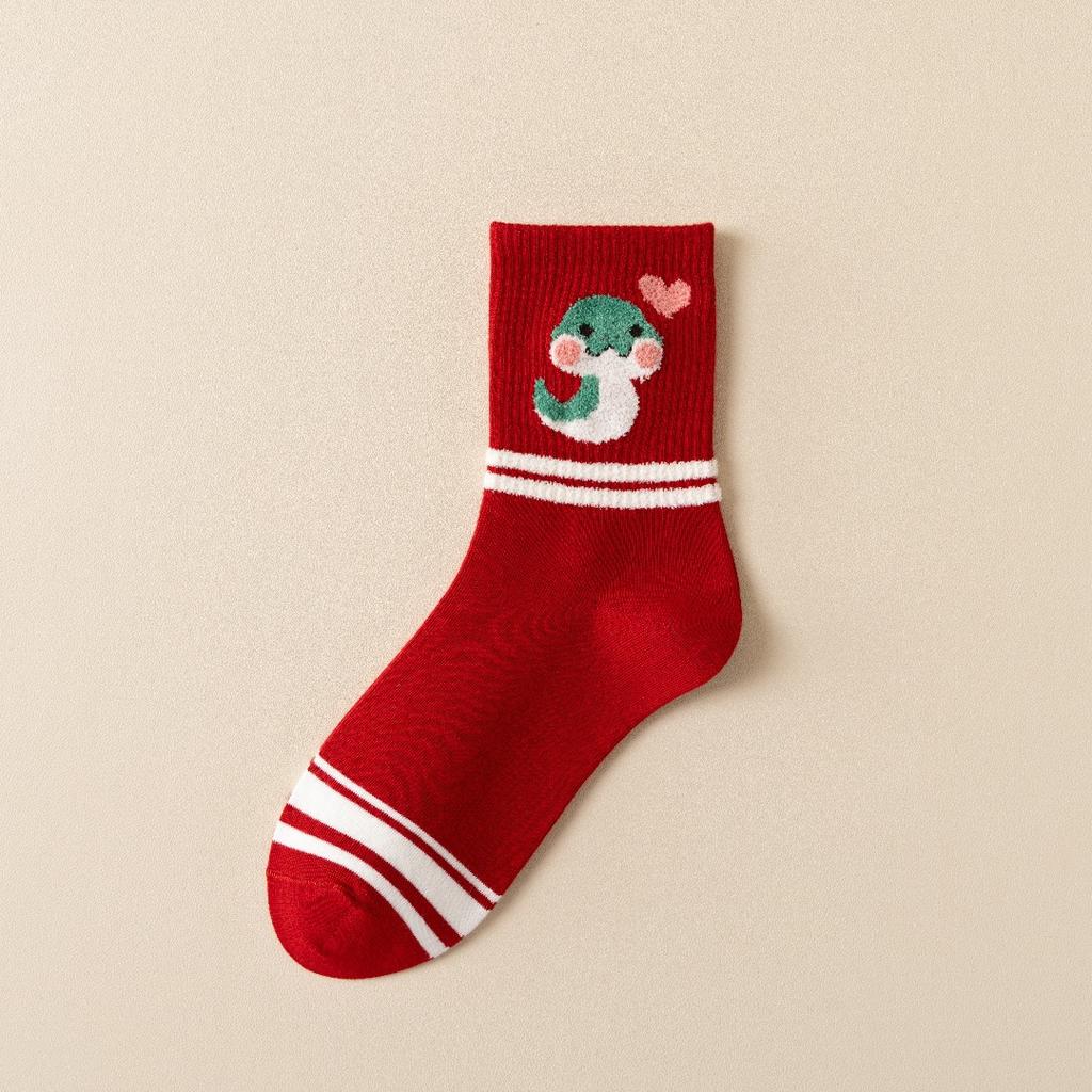 Cute Cartoon Snake Year Big Red New Year Socks Women'S College Style High Rubber Band Women'S Cotton Socks Medium Tube Lucky Socks