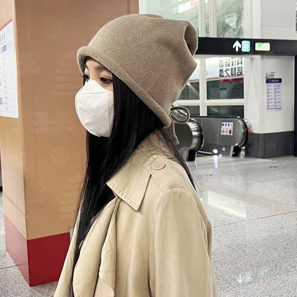 Sweet Knitted Baggy Beanie Hat Ear Protection Solid Color Pullover Hat Drawstring Wool Cap  Outdoor