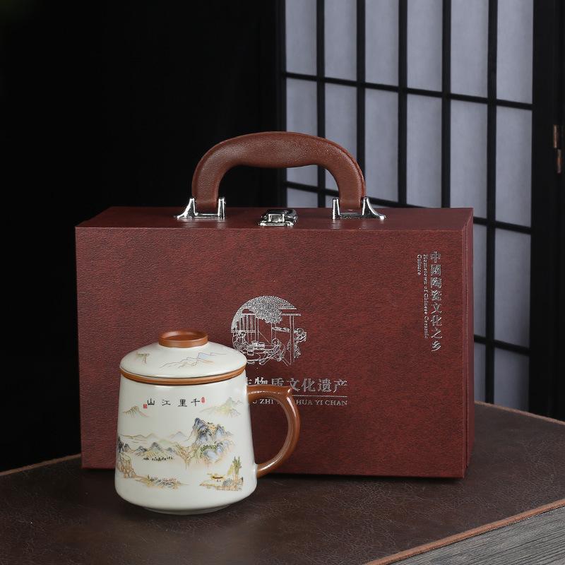 Chinese Ru Kiln Teacup Blue And White Ceramic With Lid Tea Separation Water Cup Household Special Tea Cup Office Mug