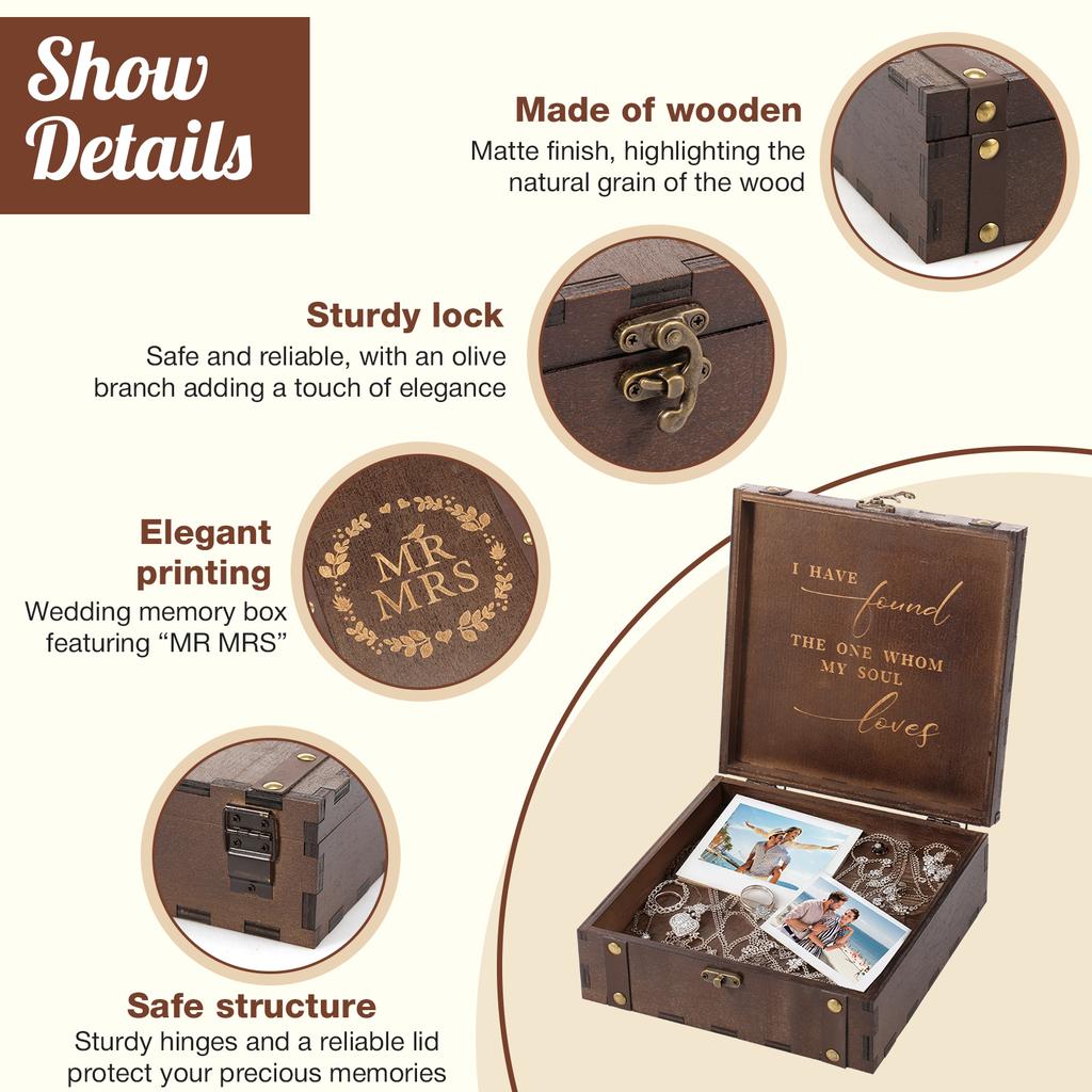Wedding Keepsake Box with Lid and Lock Mr Mrs Wooden Memory Box Vintage Present Wooden Case for Couples Anniversary Bride