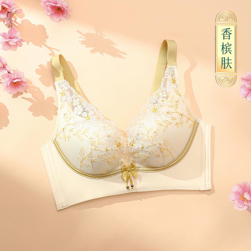 

New bra women s Guochao embroidery lace embroidery without steel ring breast adjustment type women 32/70ab (thin at the top and thick at the bottom)