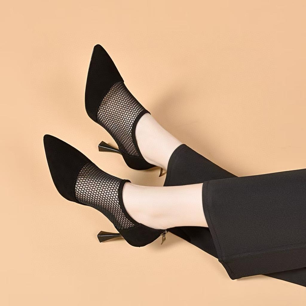 Pointed Mesh Shoes Women's 2025 Spring and Summer New European and American Style Mesh Yarn Hollow Single Shoes Rear Zipper Thin Heel Black Fashion