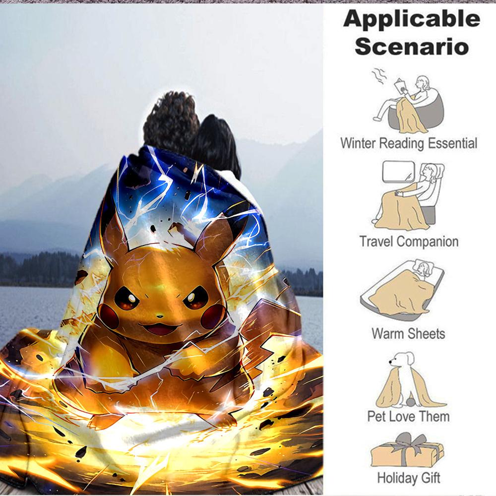 1pc Pikachu Electric Flannel Throw Blanket HD Printed Lightweight Soft Warm All Season Blanket for Sofa, Bed, Travel, Camping Machine Washable