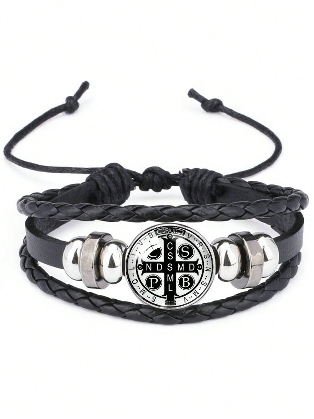 

St. Benedict Medal Leather Bracelet, Multi-Layer Beaded Woven Punk Style Bracelet Accessory Bracelet&Pattern 6