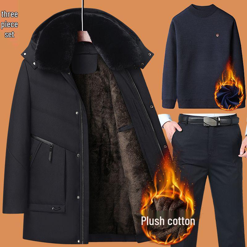 Dad's Winter Outfit: Velvet Thickened Cotton Jacket for Middle-Aged Men, Warm Mid-Length Padded Jacket for 50+