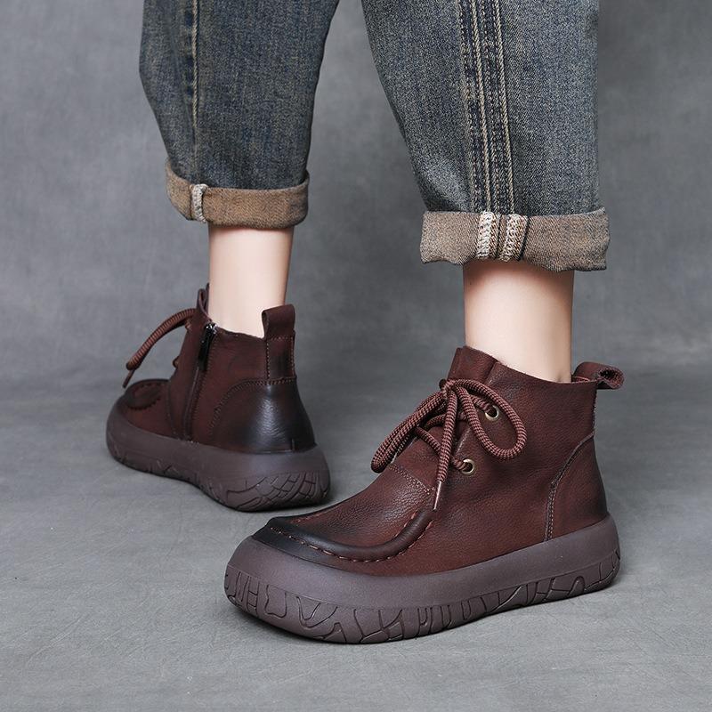 Damen Echtleder Stiefel Klobige Plateaustiefel Kurze Stiefel Retro Streetstyle Winter Warm Wolle Fell Damen Flats Stiefeletten